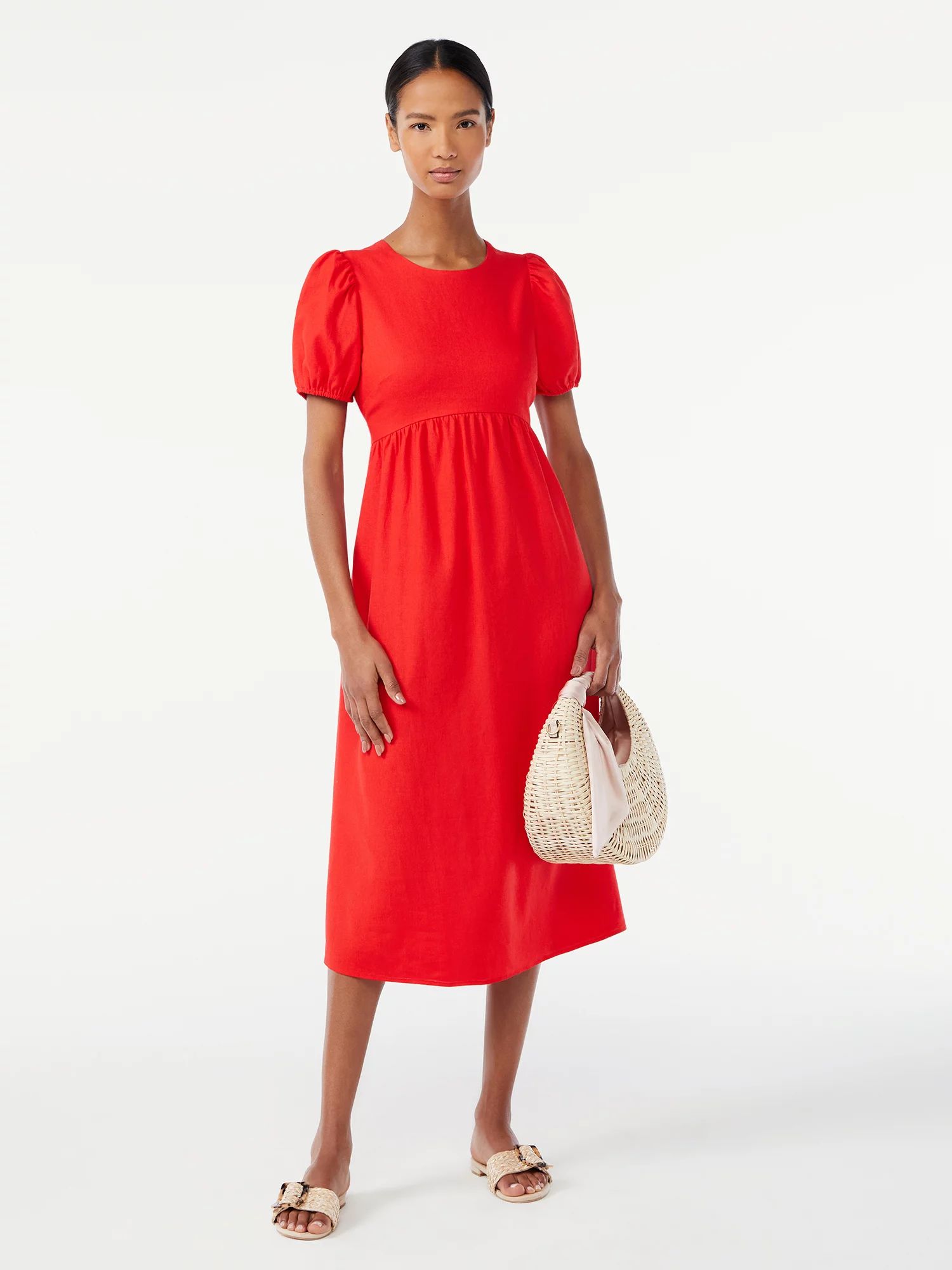 Scoop Women's Bow Back Midi Dress with Puff Sleeves - Walmart.com | Walmart (US)