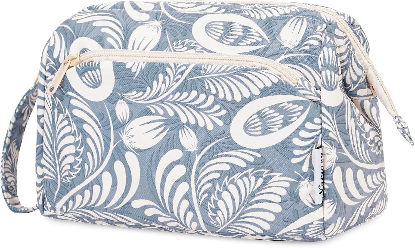 Narwey Large Makeup Bag Wide-Open Zipper Pouch Travel Cosmetic Organizer for Women (Blue Leaf) | Amazon (UK)