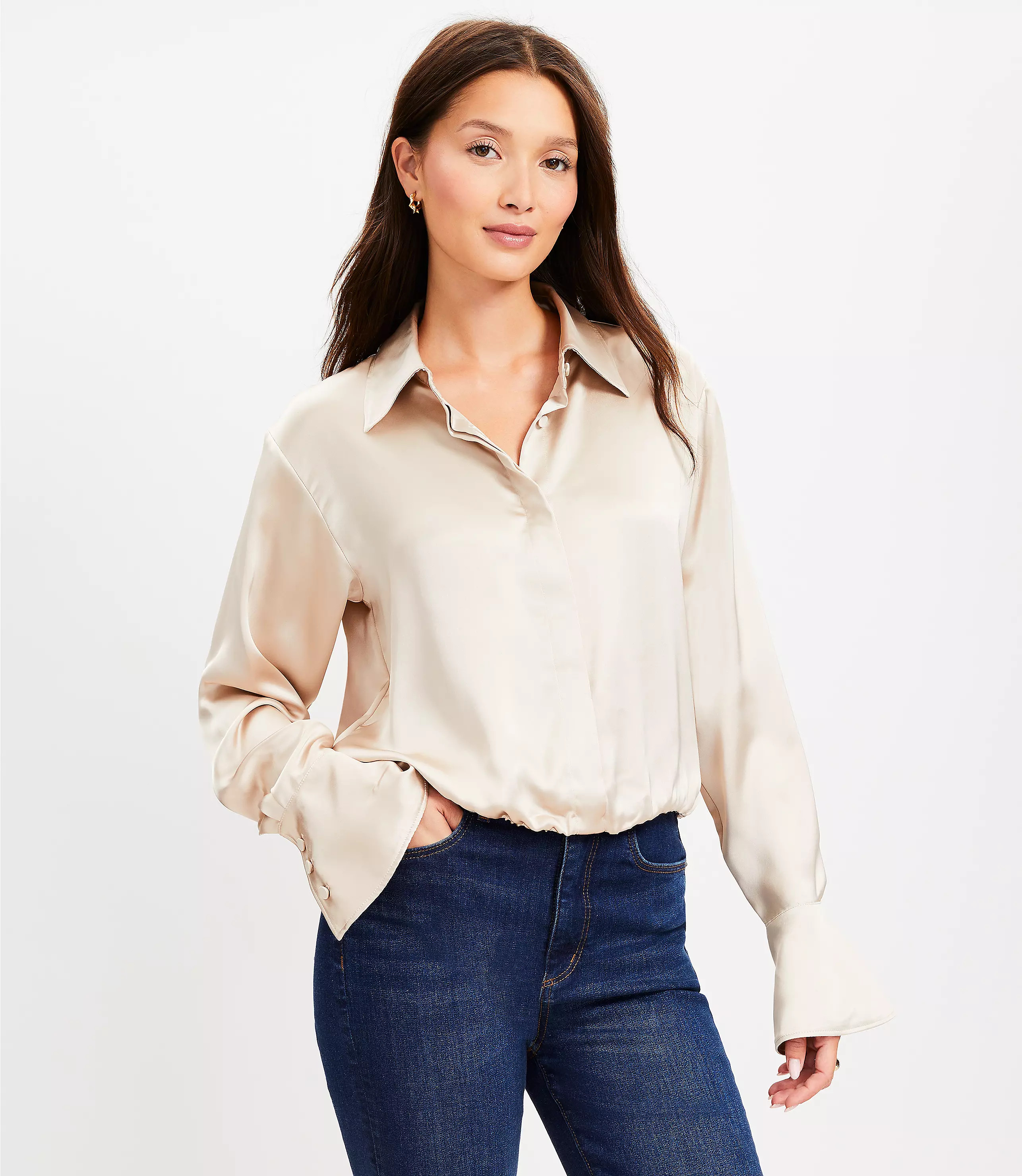 Satin Bubble Hem Bell Sleeve Shirt | LOFT