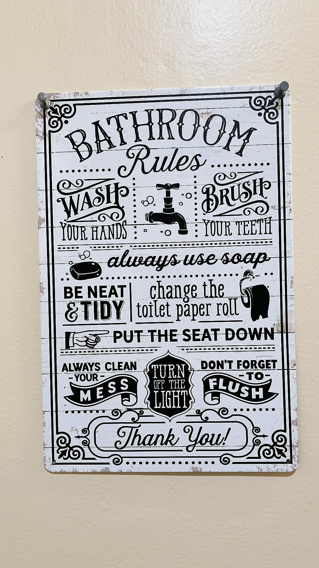 Funny Bathroom Rules Metal Tin Sign Wall Decor - Farmhouse Bathroom Quote Tin Sign for Toilet Res... | Amazon (US)