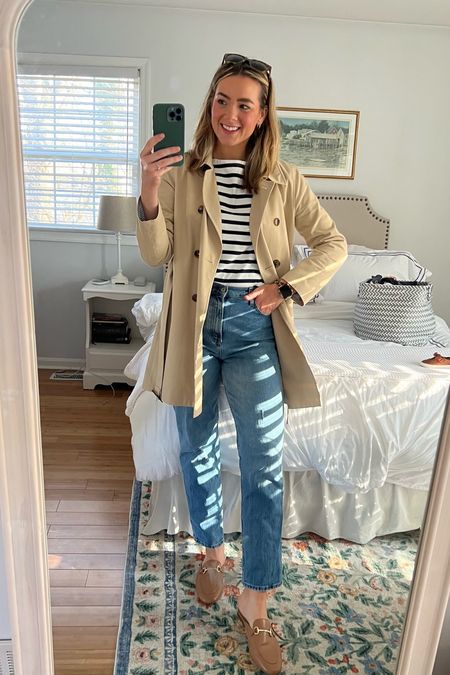 Classic style preppy spring outfit! Striped boatneck top, jeans, trench coat and slip on horsebit loafers. Easy mom outfit, classic and timeless  

#LTKstyletip #LTKSeasonal