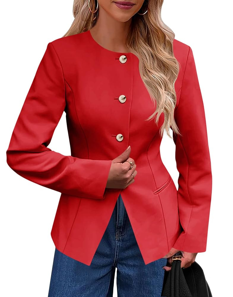 Cicy Bell Womens Business Casual Fitted Blazers Collarless Split Hem Work Office Button Down Suit... | Amazon (US)