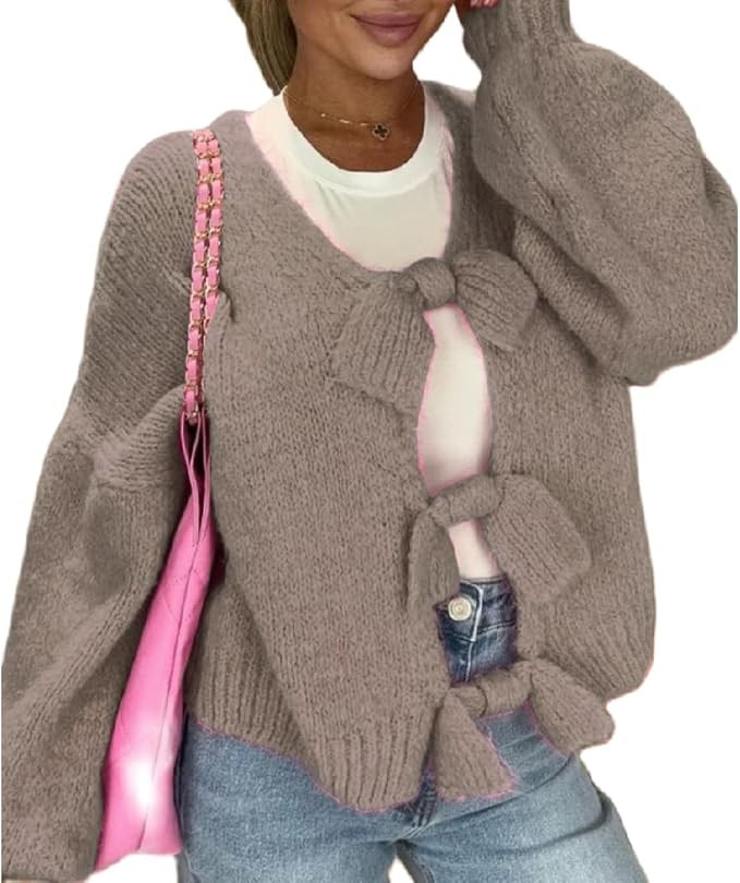 Women Y2k Bow Tie Cardigan Sweaters Crew Neck Long Sleeve Ribbed Knit Tie Front Crochet Knit Jump... | Amazon (US)