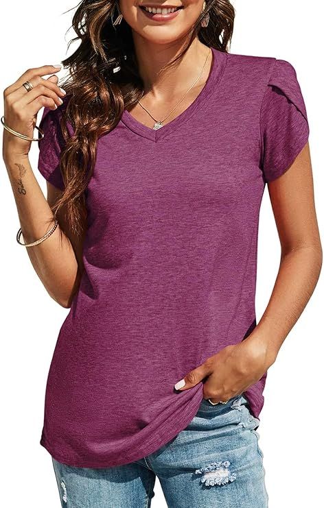 Mancreda Womens Tops V Neck Casual Summer Petal Short Sleeve T Shirts Tunics | Amazon (US)