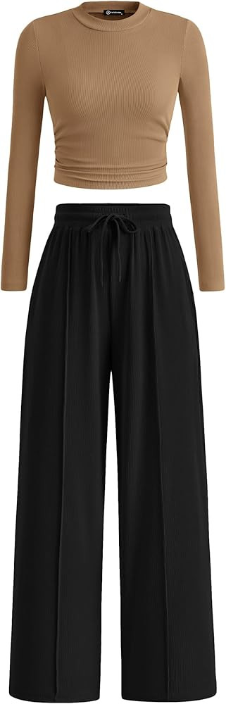 PRETTYGARDEN Women's 2 Piece Loungewear Long Sleeve Crop Top Wide Leg Palazzo Pants Set Tracksuit... | Amazon (US)