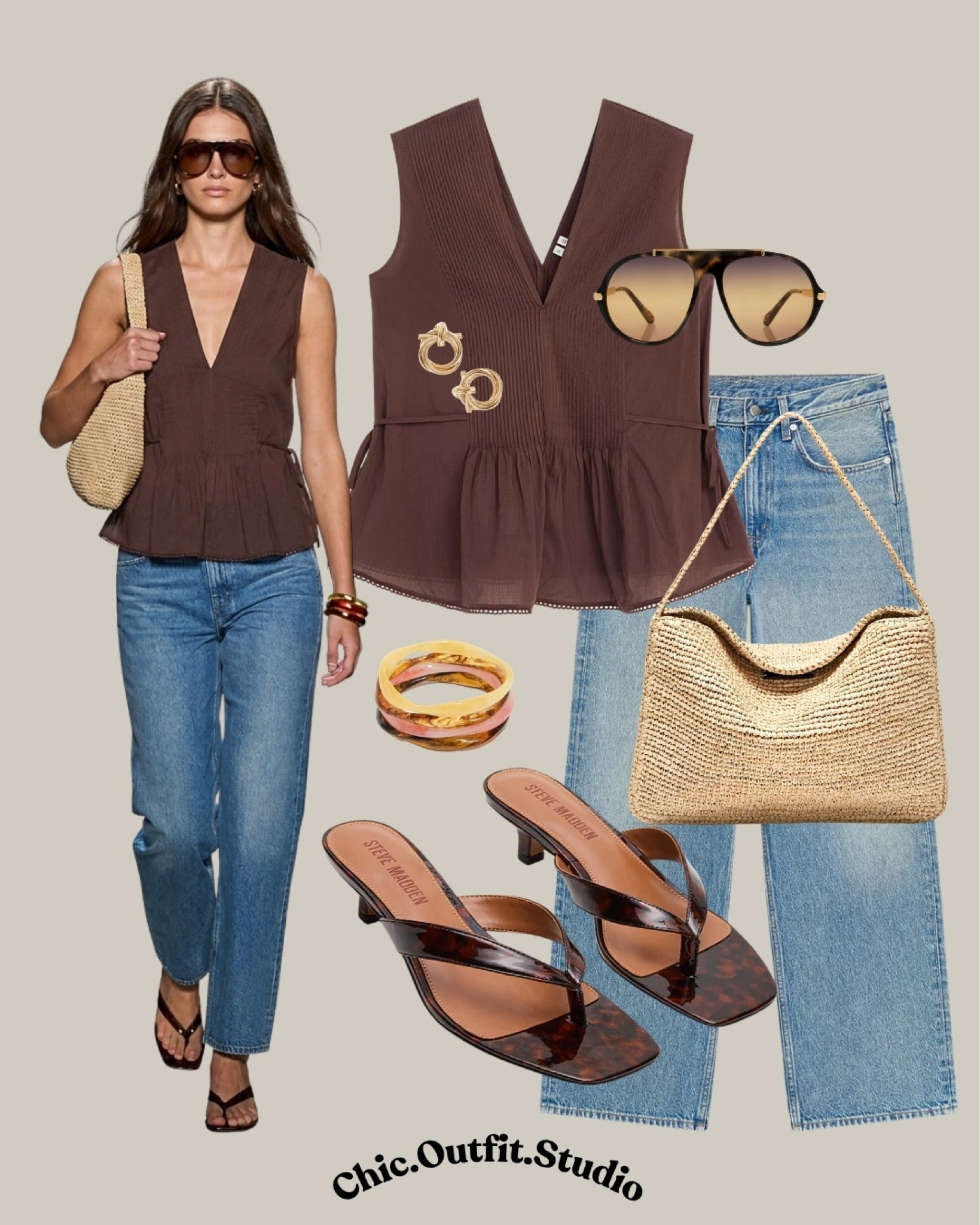 💫 Chocolate Brown Peplum Top & Jeans Outfit | Elegant Minimal Spring Summer Style

💫 A chocolate brown sleeveless peplum top paired with classic blue jeans creates a refined and feminine spring-summer outfit with a quiet luxury feel. Styled with woven textures, gold jewelry, and sleek brown sandals, this look is perfect for dinner dates, rooftop drinks, vacation evenings, shopping afternoons, or elevated everyday dressing. The rich brown tones mixed with light wash denim create an elegant contrast that feels modern, timeless, and effortlessly chic.

Tags: brown top outfit women, peplum top outfit, blue jeans outfit spring, elegant casual outfit, chic summer style, brown and denim outfit, feminine minimalist fashion, quiet luxury outfit women, European summer outfit, elevated basics women, classy casual look, dark brown summer outfit, woven bag outfit, vacation dinner outfit, sophisticated denim style

#LTKspring #LTKdatenight #LTKsummer