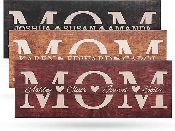 Christmas 2023 Gift for Mom from Daughter, Son - Mom Sign Personalized w/Kids Names - 4 Wooden Co... | Amazon (US)