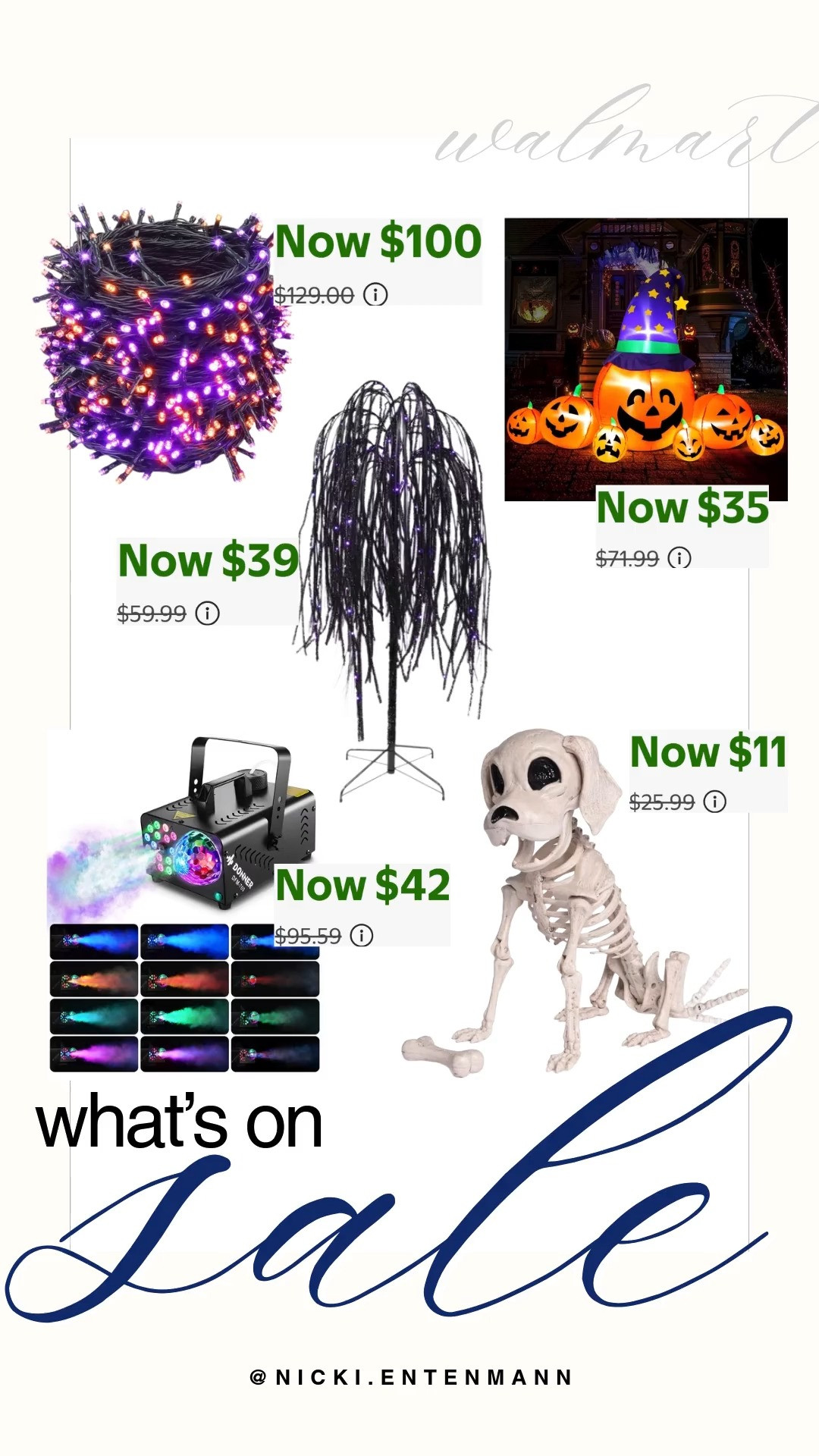 Walmart's Halloween sale includes spooky budget-friendly finds: purple and orange LED string lights ($100, down from $129), a black lit willow tree ($39, down from $59.99), an inflatable pumpkin stack ($35, down from $71.99), an LED fog machine ($42, down from $95.59), and a skeleton dog prop ($11, down from $25.99). These festive outdoor accents make it easy to create a fun, spooky yard setup without breaking the bank.

#walmart #walmartfinds #walmartdeals #halloween #halloweendecor #spookyseason #budgetdecor 

 #LTKSeasonal #LTKHome #LTKSaleAlert
