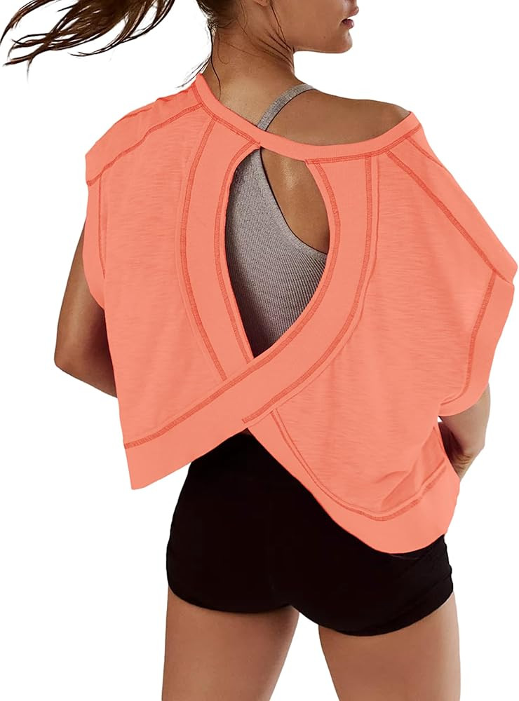 Women Short Sleeve Workout Shirts Open Back Tops Casual Yoga Y2k Athletic Gym Slouchy Crop Runnin... | Amazon (US)