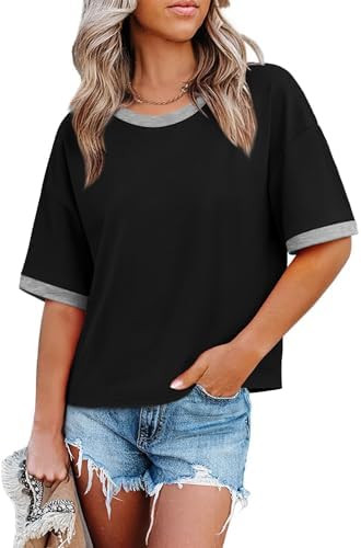 WIHOLL Womens T Shirts Loose Fit Short Half Sleeve Crew Neck Oversized Tshirts Color Block Summer... | Amazon (US)
