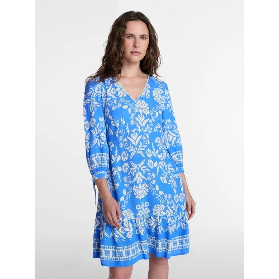 Time and Tru Women's Linen-Blend Border Print Mini Dress, Sizes XS-XXXL | Walmart (US)