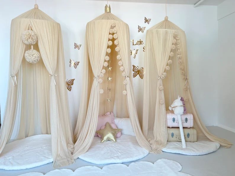 FAIRY PLUS Champagne Canopy Beige Tulle Canopy Bed Curtains - Etsy | Etsy (US)