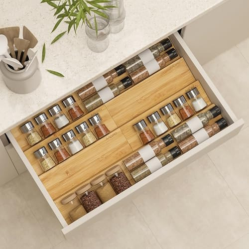 AMBIRD Bamboo Spice Drawer Organizer with Non-slip Mat,4 Tier - 2 Set Jar Spice Rack Tray From 9.5''to 19'', Seasoning Organizer for Kitchen,Cabinet,Drawers,Countertop | Amazon (US)