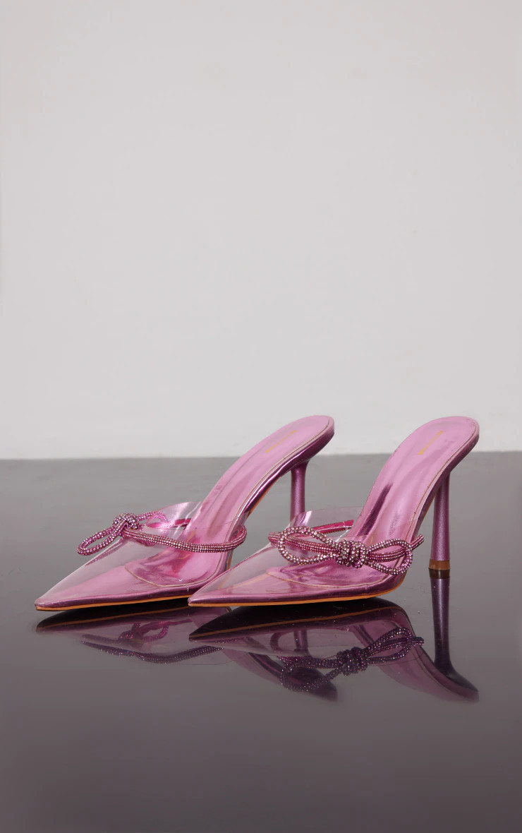 Pink Vinyl Point Toe Diamante Side Bow Detail High Heeled Court Mules | PrettyLittleThing US