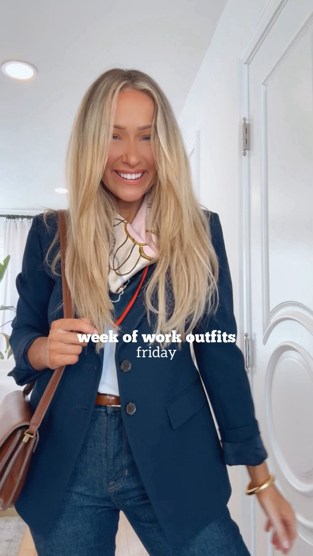 Business casual workwear with jeans

Casual Friday outfit for the office
Navy blue blazer
Dark wash straight leg jeans
Classy style
Neck scarf 

#LTKWorkwear