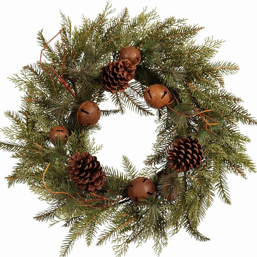 22-Inch Handcrafted Artificial Christmas Wreath with Pinecones, Rust Bell, and Lifelike Pine Bran... | Amazon (US)
