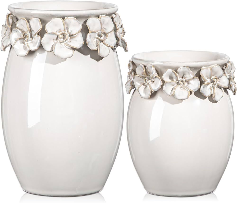 Ceramic Flower Vase Set for 2, 6.9+5.5 Inch Beige Small Vases for Flowers Centerpieces, Ellipse B... | Amazon (US)