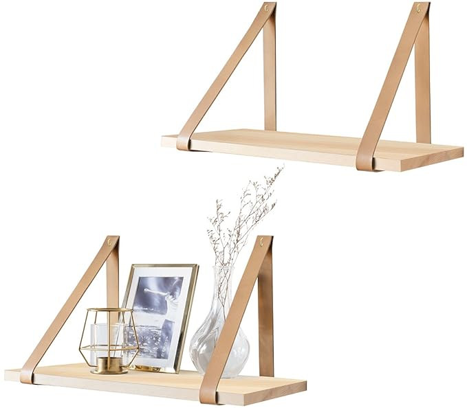 Mkono Hanging Shelf Wall Wood Floating Storage Shelves Leather Strap Swing Organizer, Set of 2 | Amazon (US)