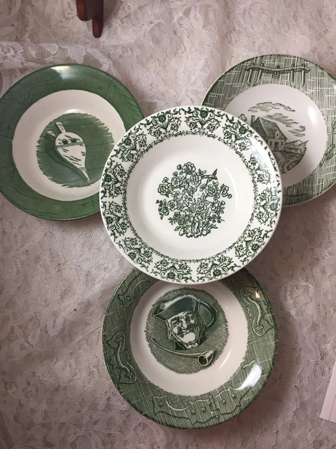 Vintage Mismatched Green White Transferware Dessert / Berry Bowls Farmhouse Cottage Boho Shabby C... | Etsy (US)