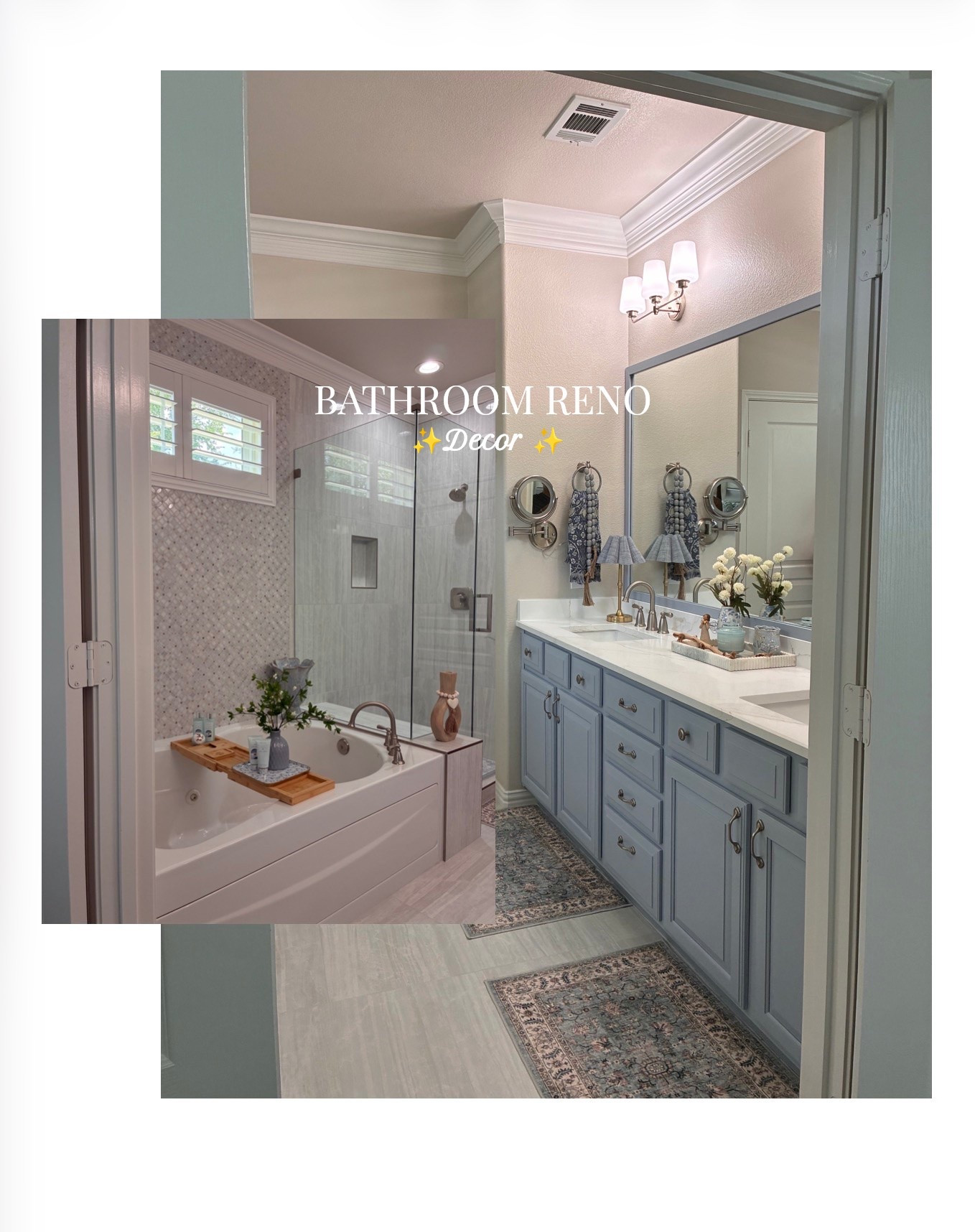 A bathroom designed to feel calm, timeless, and a little luxurious 🤍 From the soft blue vanity to the layered rugs, elegant lighting, and cozy countertop decor, every detail came together to create a space that feels both beautiful and functional. ✨ Shop some of my favorite decor pieces linked here! 🛁🕯️🌿

#BathroomDesign #BathroomDecor #HomeInspo #LTKHome #BathroomInspiration

#LTKdayinmylife #LTKOver40 #LTKHome