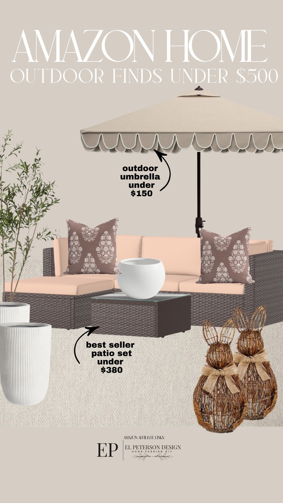 Amazon Outdoor
Umbrella 
Outdoor set
Bunnies
Faux tree
Planter
Pillow
Rug 

#LTKHome