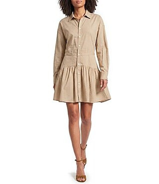 ELAN Stripe Collared Long Sleeve Button Front Drop Waist Shirtdress -  L | Dillard's