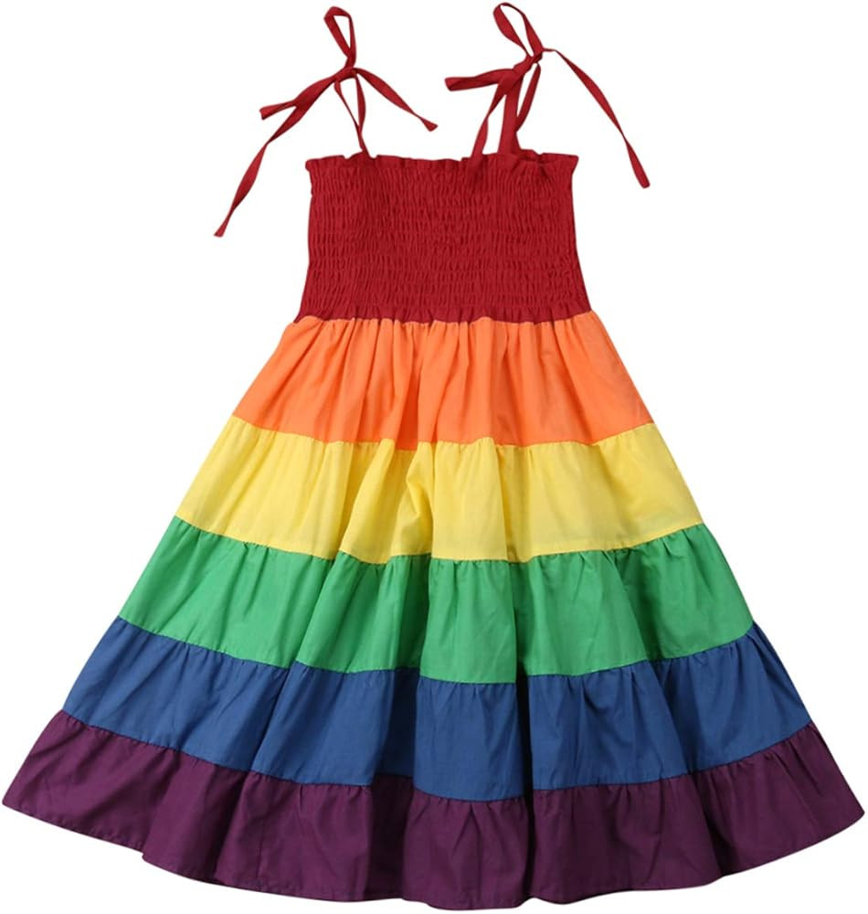 Toddler Baby Girl Summer Boho Rainbow Stripe Spaghetti Strap Beach Sun Dress | Amazon (US)