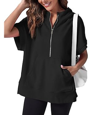 Fisoew Womens Oversized Half Zip Hoodies Short Sleeve Casual Sweatshirts Pullover Tops with Pocke... | Amazon (US)