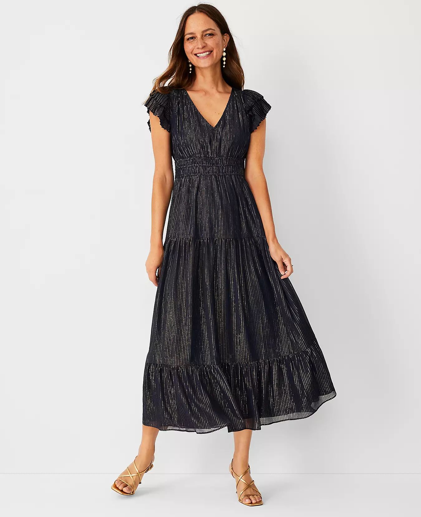 Shimmer Stripe Flutter Sleeve Maxi Dress | Ann Taylor (US)