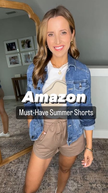 Amazon knit shorts (XS). Casual outfit. Summer outfit. Mom outfit. Amazon whjte t-shirt (XS). Amazon denim jacket (XS, soft/stretchy). Amazon summer shorts. Casual style. Travel outfit. Airport outfit. I LOVE these shorts!! Veja Esplar sneakers. 

#LTKunder50 #LTKshoecrush #LTKtravel