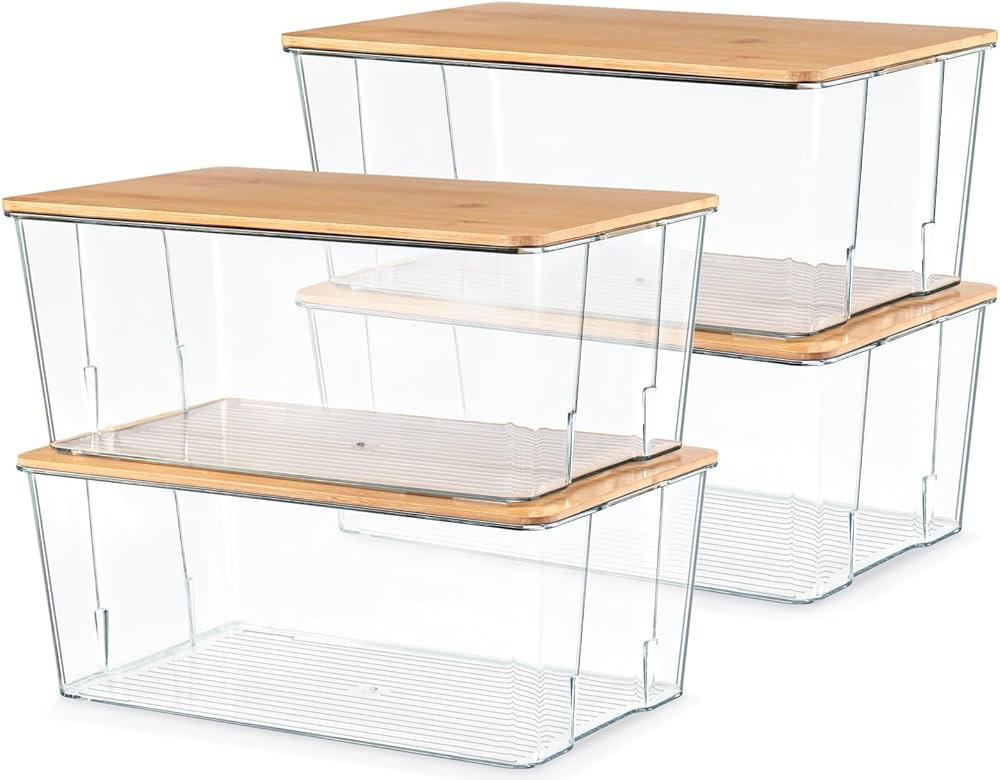 Hudgan 4 Pcs Snack Storage Containers, Clear Bins Stackable with Lids for Pantry Organizers and S... | Amazon (US)