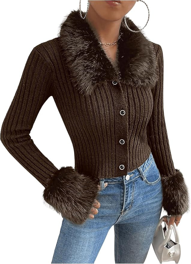 Verdusa Women's Button Down Collar Long Sleeve Fuzzy Knitted Crop Cardigan Sweater | Amazon (US)