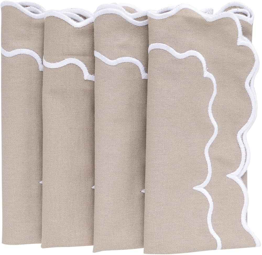 Beige Napkins, 100% Cotton, Thanksgiving Napkins, Embroidered Napkins, Scalloped Napkins, Cotton ... | Amazon (US)