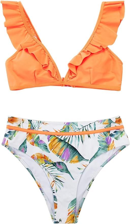 CUPSHE Women's Orange Floral Bottom Ruffle Hook Closure Bikini Set | Amazon (US)