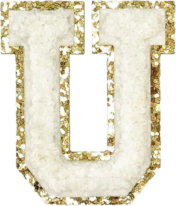 White Varsity Glitter Letter Chenille Initial Patch Adhesive Sticker 2.25in Height (U) | Amazon (US)