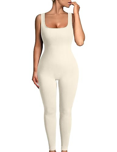 OYS Women's Yoga Jumpsuit Sleeveless Ribbed Workout One Piece Tank Top Jumpsuits Beige | Amazon (US)