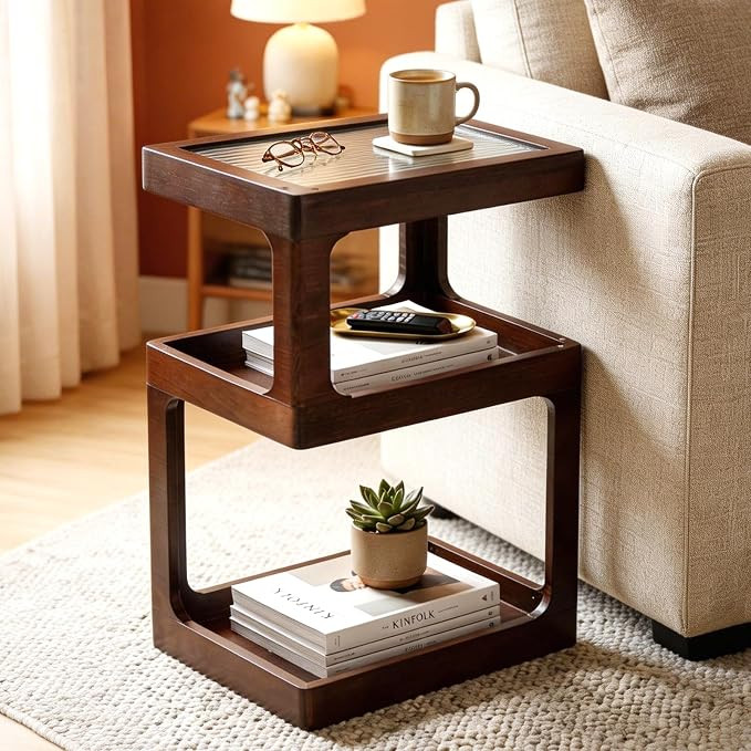 Solid Wood End Table, 3-Tier Small Side Table with Fluted Acrylic Top, Rectangular Geometric Retr... | Amazon (US)