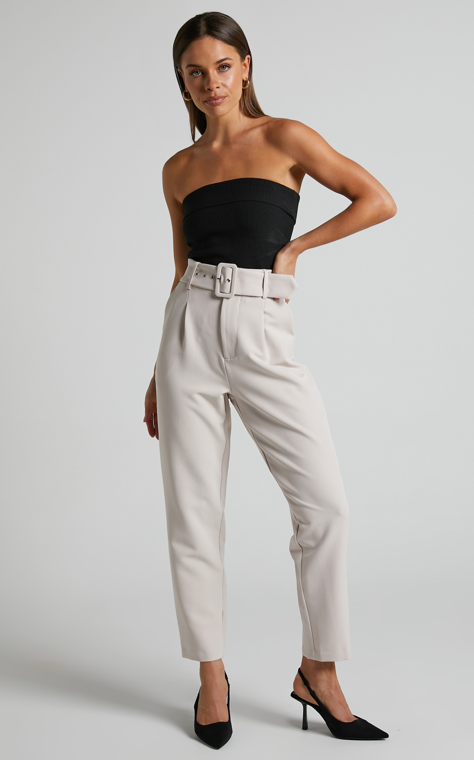 Milica Trousers - Belted High Waisted Trousers in Beige | Showpo (US, UK & Europe)