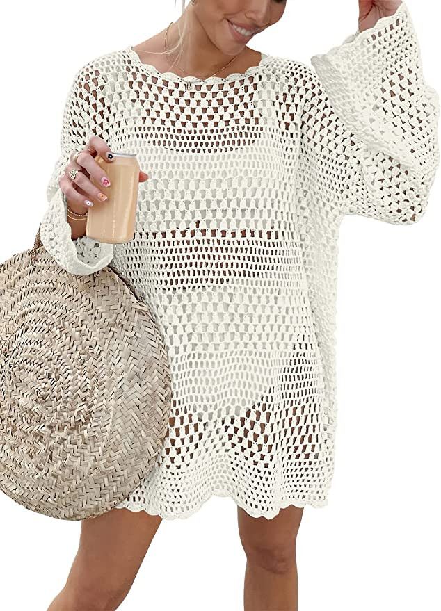 ANRABESS Women Swimsuit Crochet Swim Cover Up Summer Bathing Suit Swimwear Knit Pullover Beach Dr... | Amazon (US)