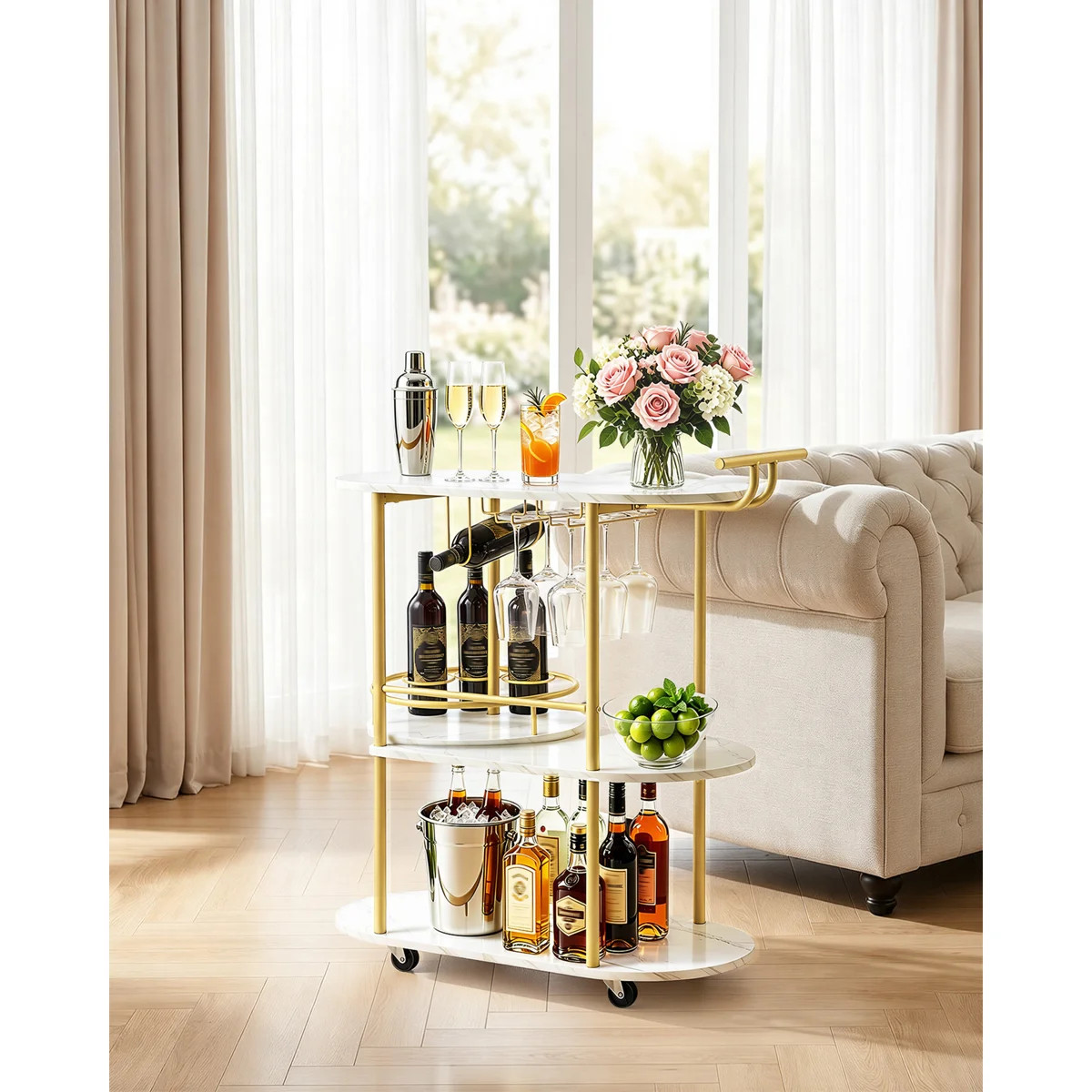Bar Cart, 3 Tiers Home Kitchen Serving Carts, Modern Round Rolling Utility Station on Wheels, Mob... | Wayfair North America
