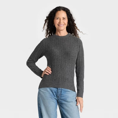 Women's Lace Stitch Crewneck Pullover Sweater - Universal Thread™ Gray XS | Target