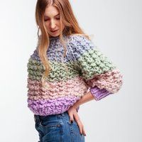 Crop Knit Sweater - Chunky Striped Raglan Crew Neck Jumper Multicolor | Etsy (US)
