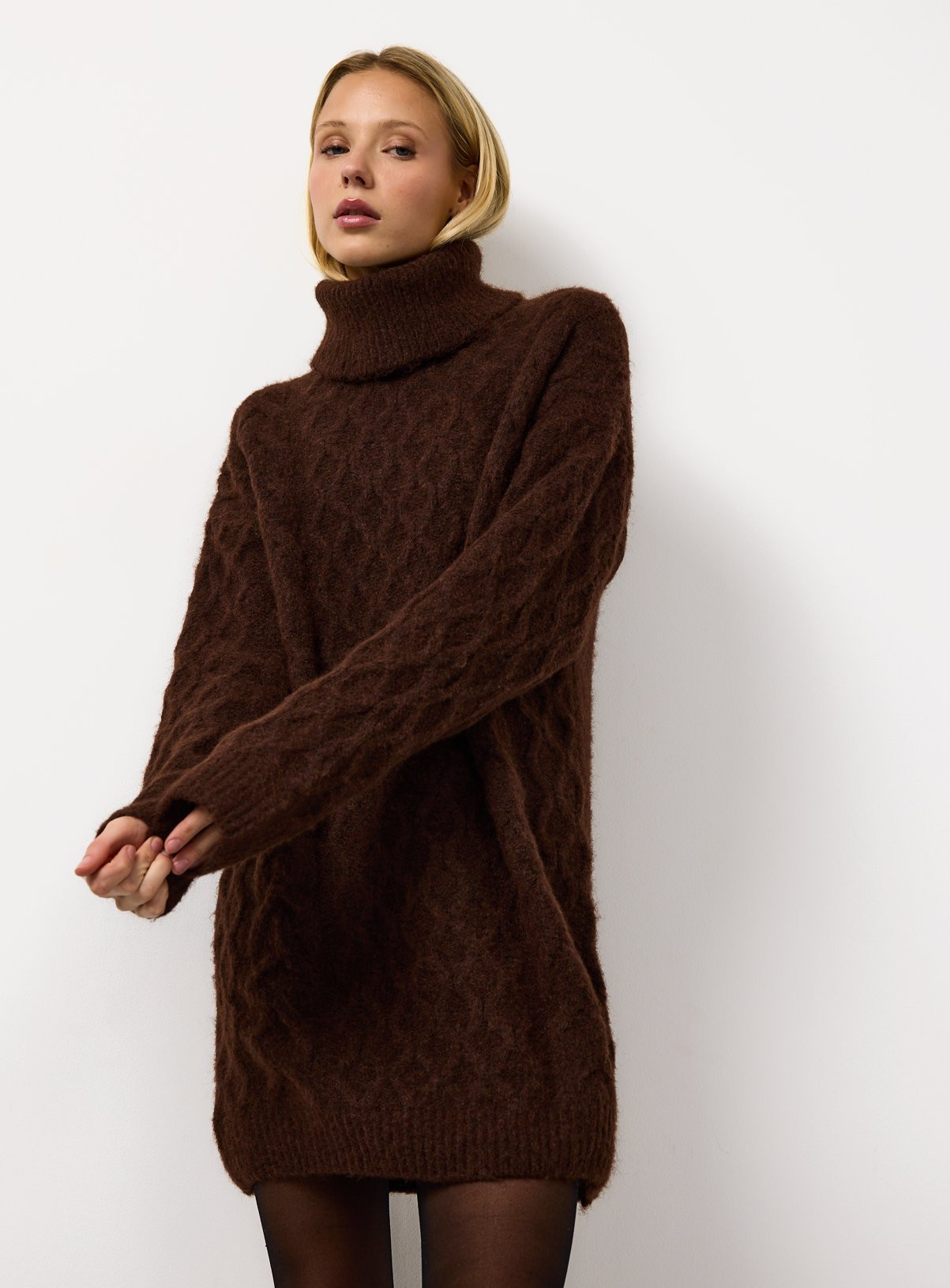 Brown Roll Neck Cable Knitted Dress | Tu Clothing