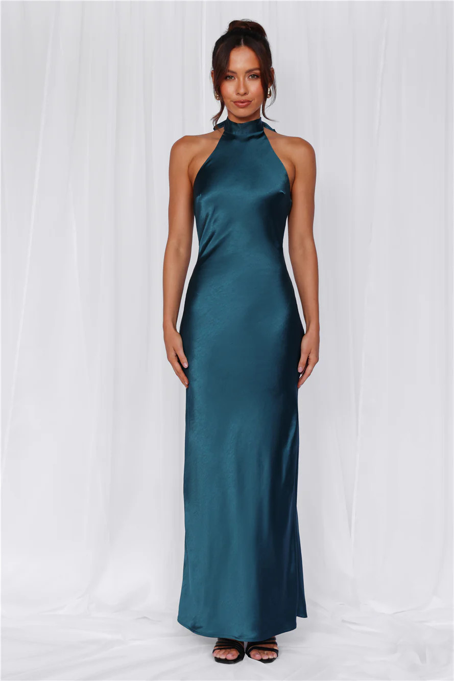 The Cleo Halter Satin Maxi Dress Teal | Hello Molly (US)