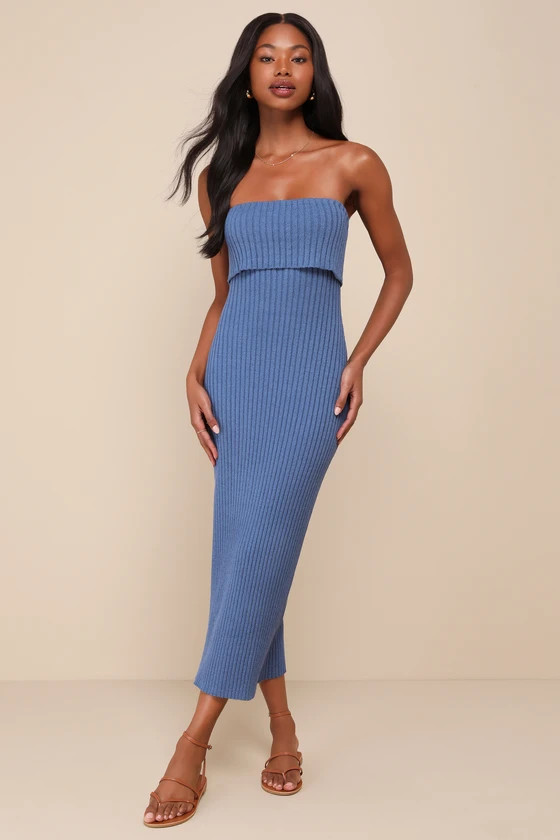 Easily Irresistible Dark Blue Ribbed Strapless Sweater Dress | Lulus