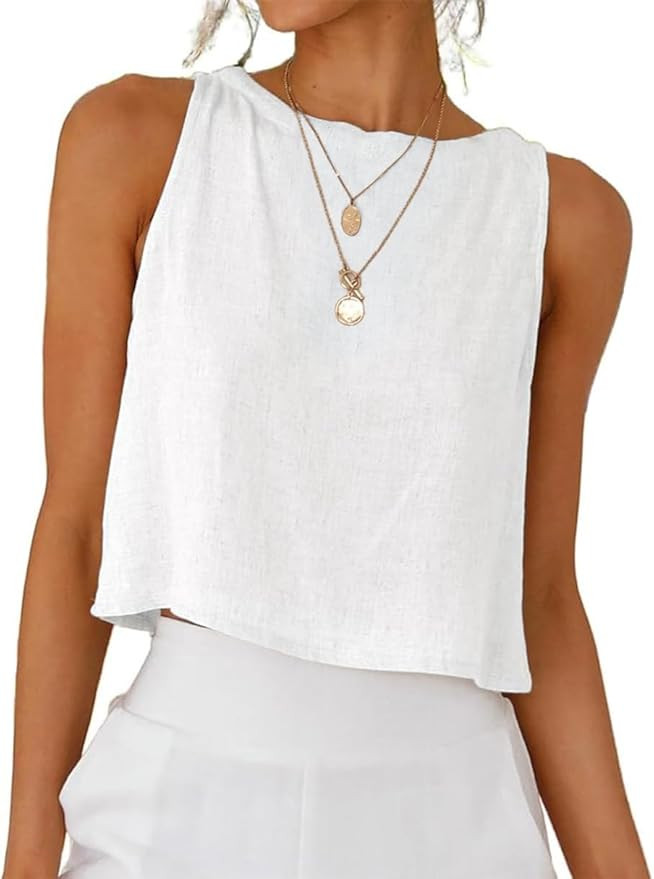 Kinghua Womens Linen Crop Tops Summer Casual Loose Crewneck Sleeveless Tank Top Linen Shirts | Amazon (US)