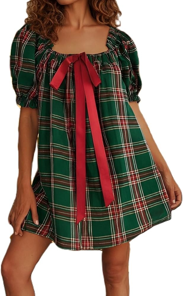 Women Gingham Short Dress Puff Sleeve Bow Tie Square Neck Plaid A-Line Babydoll Mini Dress | Amazon (US)