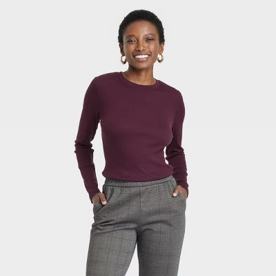 Women's Long Sleeve Ribbed T-Shirt - A New Day™ Burgundy L | Target