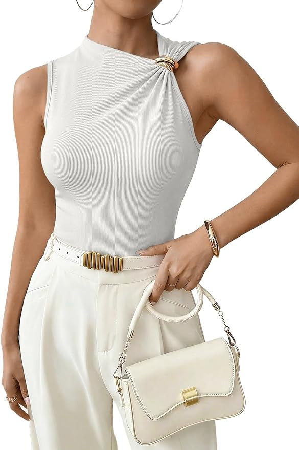 EVALESS Womens Sleeveless Asymmetric Neck Tank Tops Elegant Metal Decor Ribbed Fitted Summer Basi... | Amazon (US)