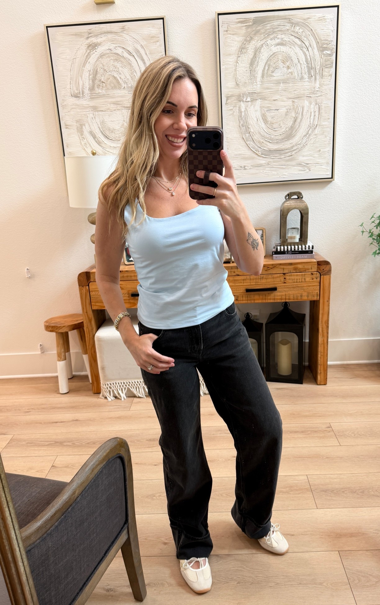 Loopy code: wifeonadime 
Stovepipe Jeans fit loose so I like to size down and get a long length because they run short on purpose. I’m 5’7 135lbs and this is a 2 long. Size up in the tank unless you want it to fit tight! Mary Jane Adidas are my true 8 and a bit roomy but the size smaller was snug.

#LTKmomlife #LTKgrwm #LTKootd